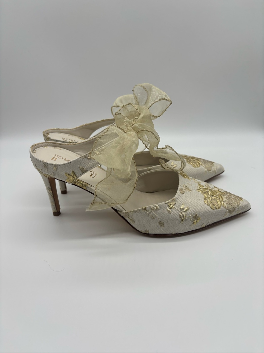 Something Bleu Bridal Ivory Pointed-Toe Heels with Gold Floral Embroidery - Picture 3 of 8